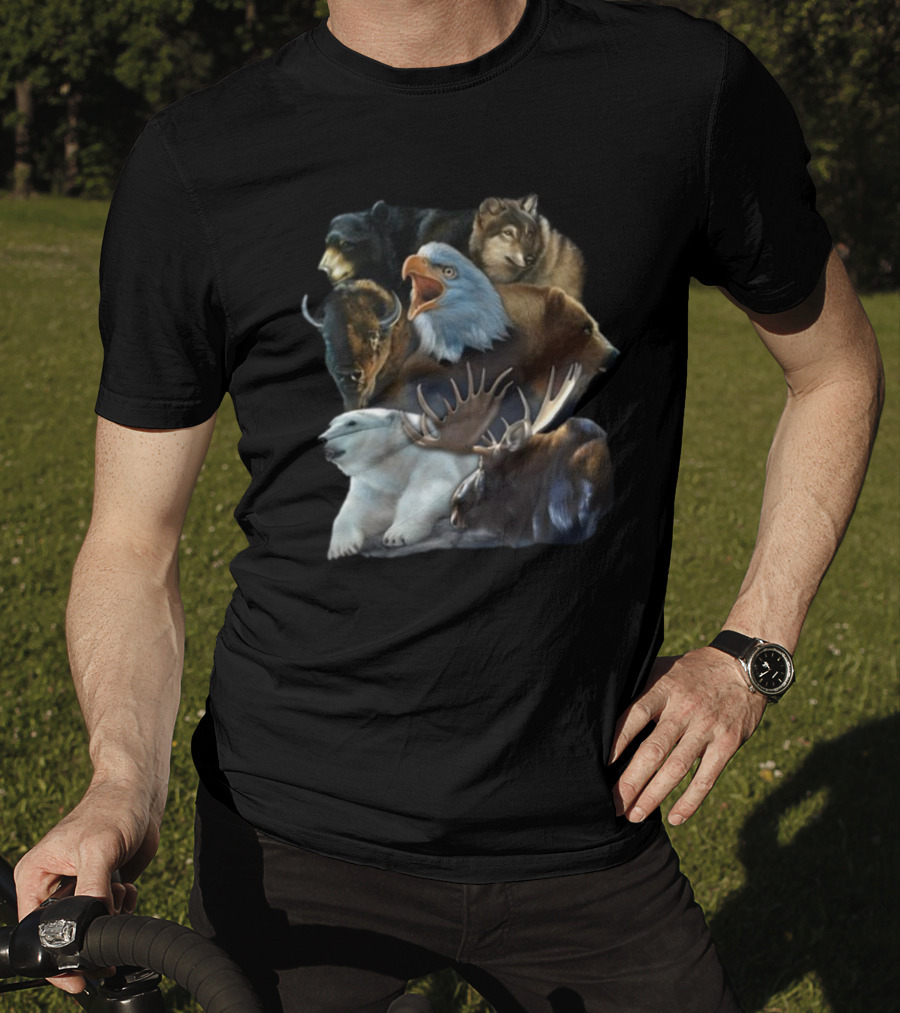 Wild Animal Collage Bear Wolf Eagle Moose Bison Polar Bear Crewneck T-Shirt
