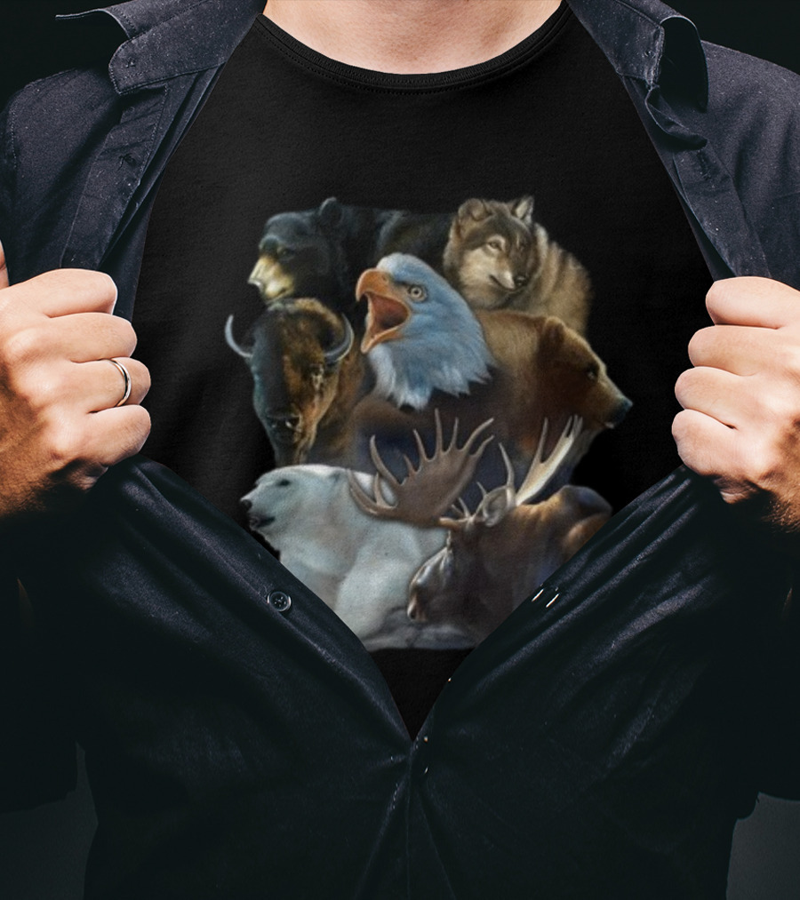 Wild Animal Collage Bear Wolf Eagle Moose Bison Polar Bear Crewneck T-Shirt
