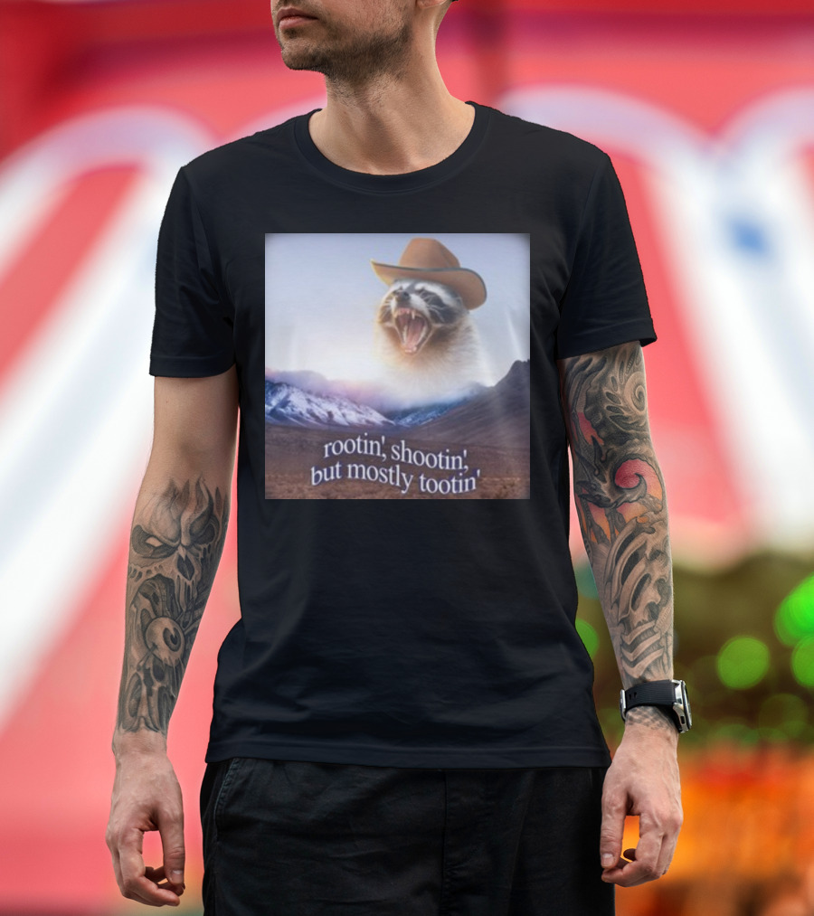 Rootin' Shootin' But Mostly Tootin' Raccoon Cowboy with Hat in Scenic Mountain Sunset T-Shirt