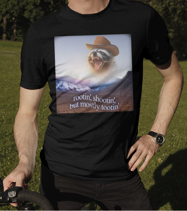 Rootin' Shootin' But Mostly Tootin' Raccoon Cowboy With Hat In Scenic Mountain Sunset T-Shirt