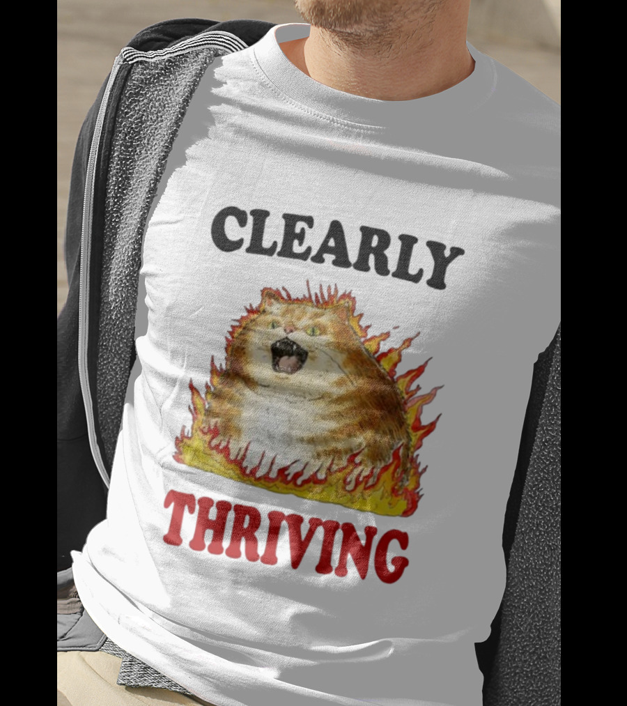 CLEARLY THRIVING Fluffy Cat In Flames T-Shirt
