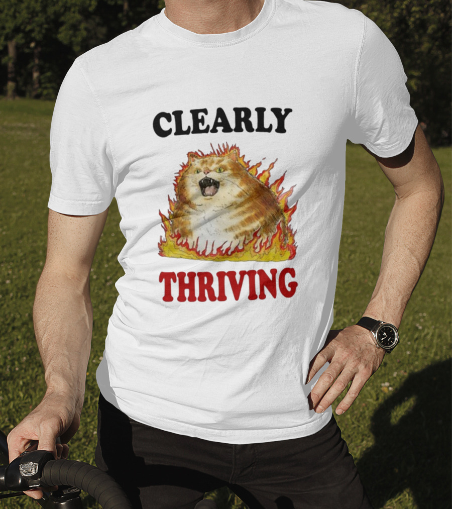 CLEARLY THRIVING Fluffy Cat In Flames T-Shirt