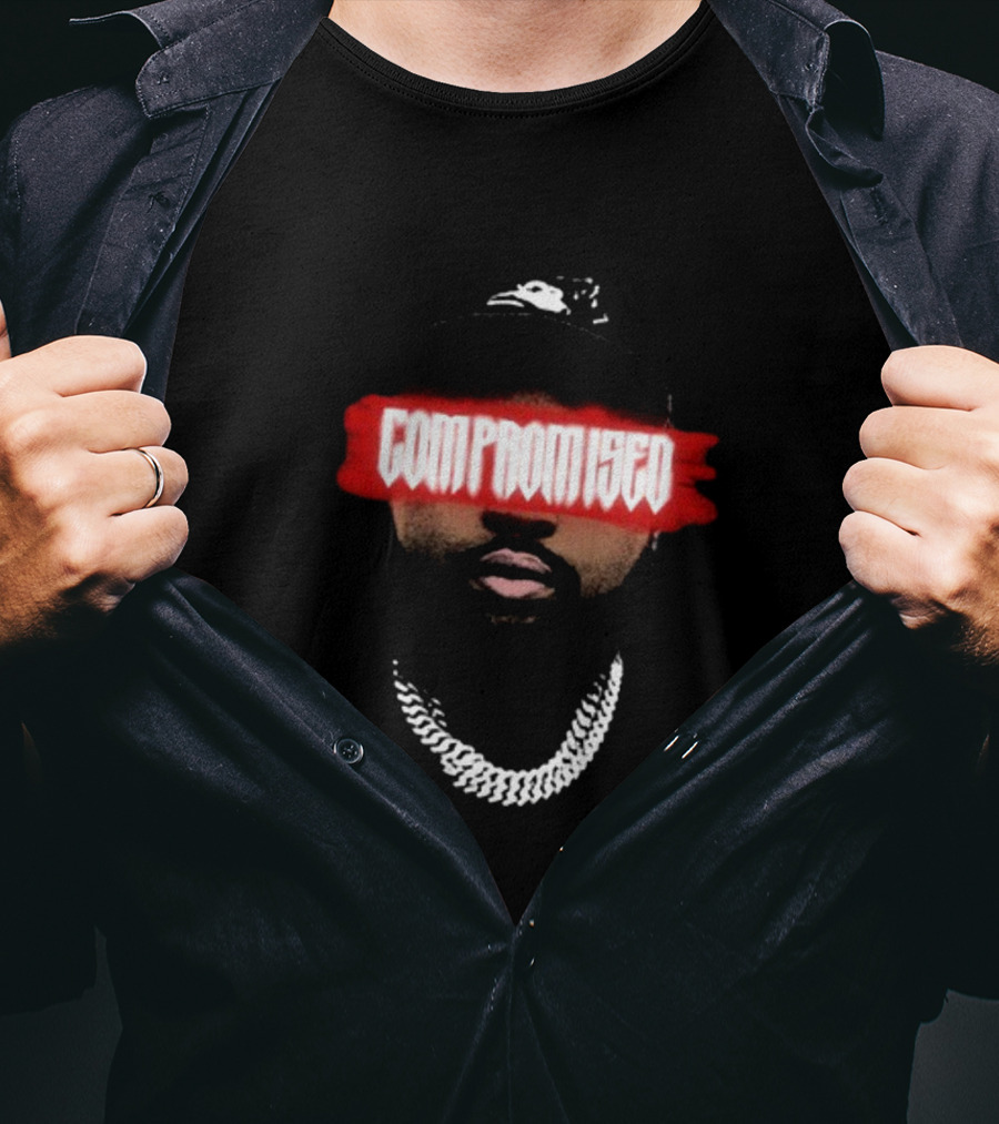 Compromised Red Text Mask Black Cap Chain T-Shirt