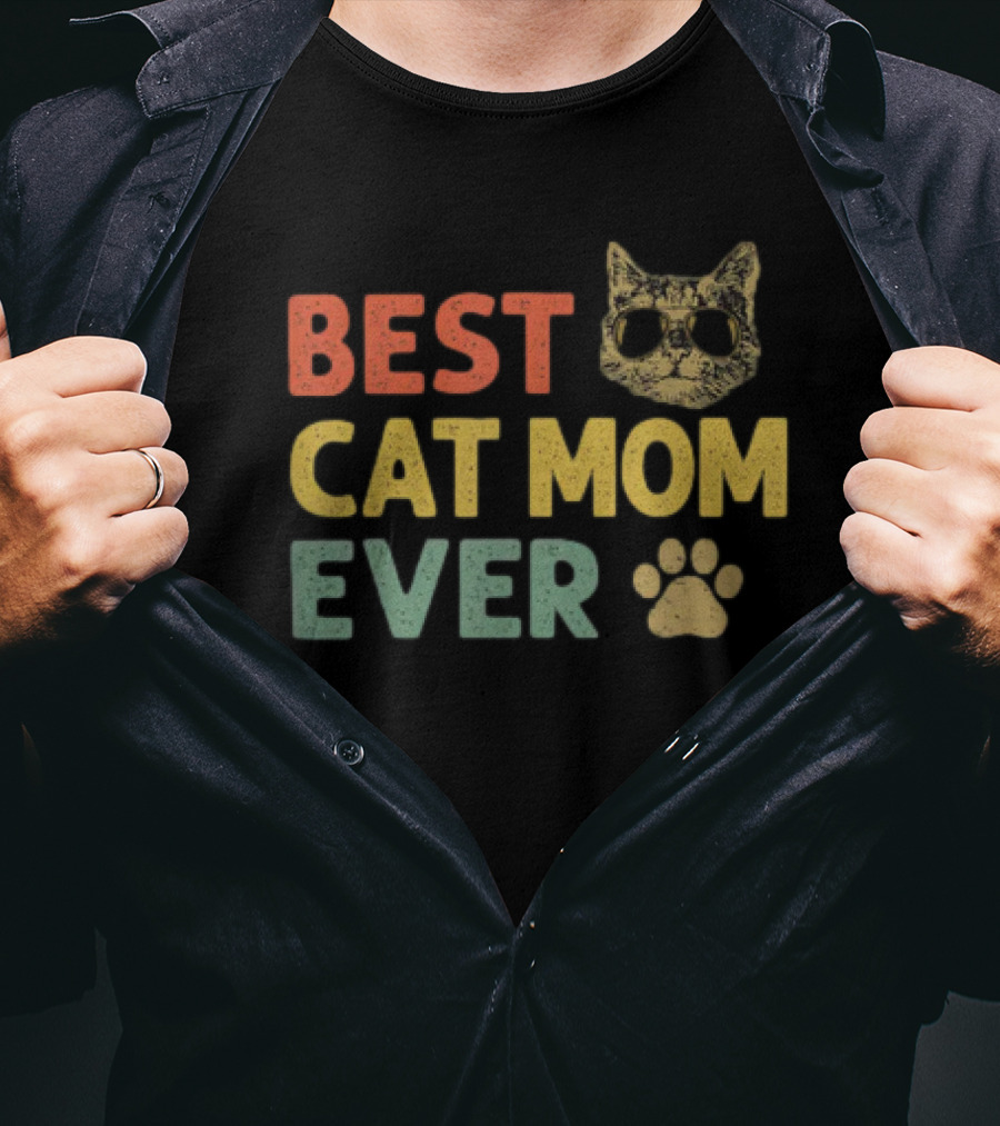 Best Cat Mom Ever Vintage Cat With Sunglasses And Paw Prints T-Shirt
