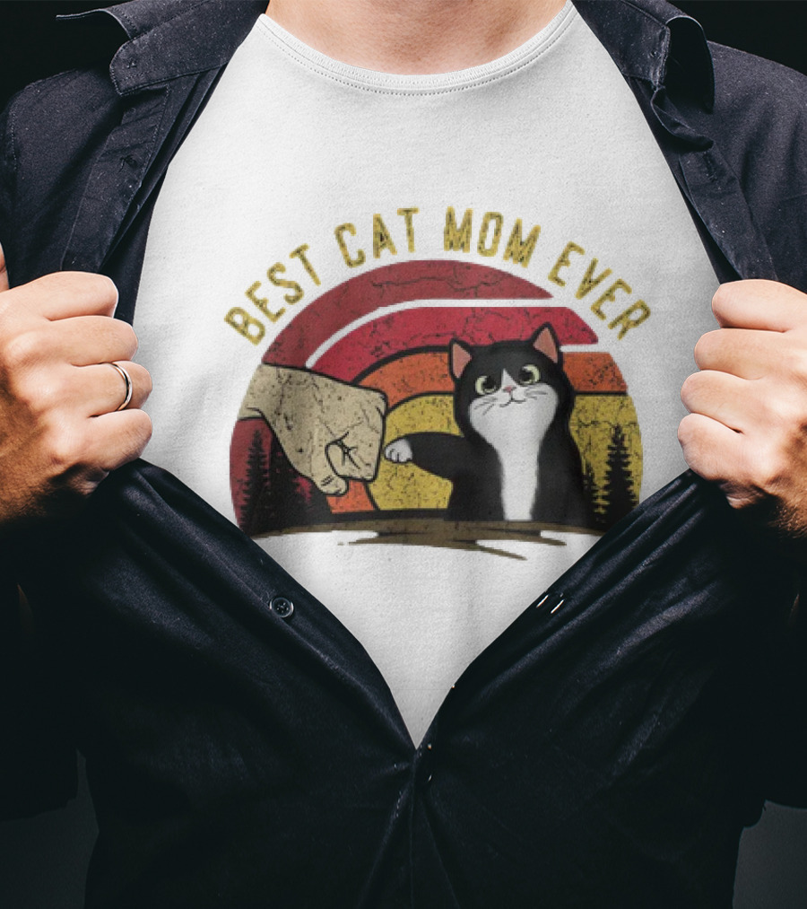 Best Cat Mom Ever Vintage Rainbow Sunset Fist Bump Cat T-Shirt