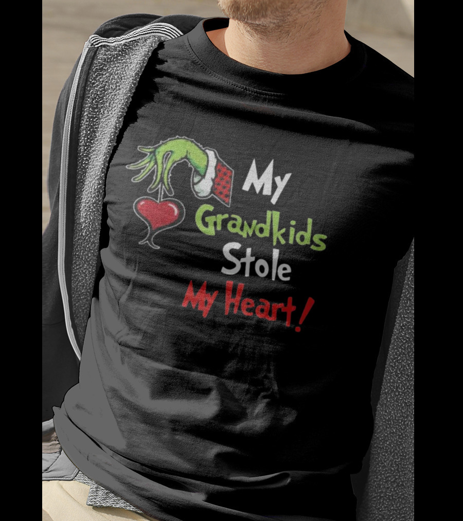 Grinch Green Monster Christmas My Grandkids Stole My Heart Kids Textured Sleeves T-Shirt