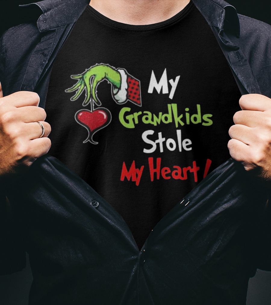Grinch Green Monster Christmas My Grandkids Stole My Heart Kids Textured Sleeves T-Shirt