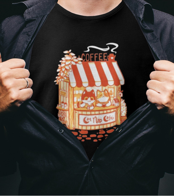 Lazy Cat Coffee Cat Nap Cafe Cozy Kiosk T-Shirt