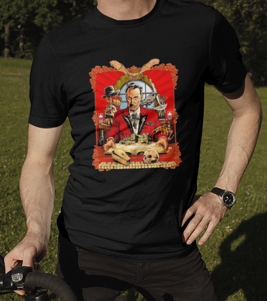 Vincent Price Red Suit Macabre Collection With Bats, Skulls, And Haunted Mansion T-Shirt