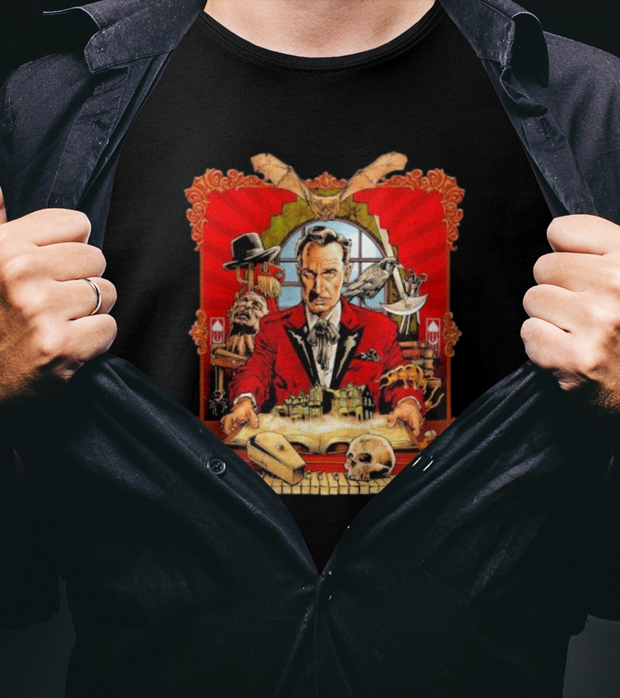 Vincent Price Red Suit Macabre Collection With Bats, Skulls, And Haunted Mansion T-Shirt