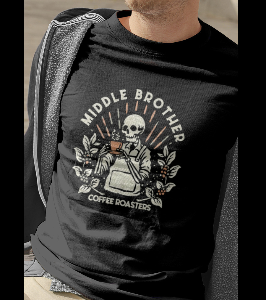 Middle Brother Coffee Roasters Skeleton Barista Holding Coffee Cup T-Shirt