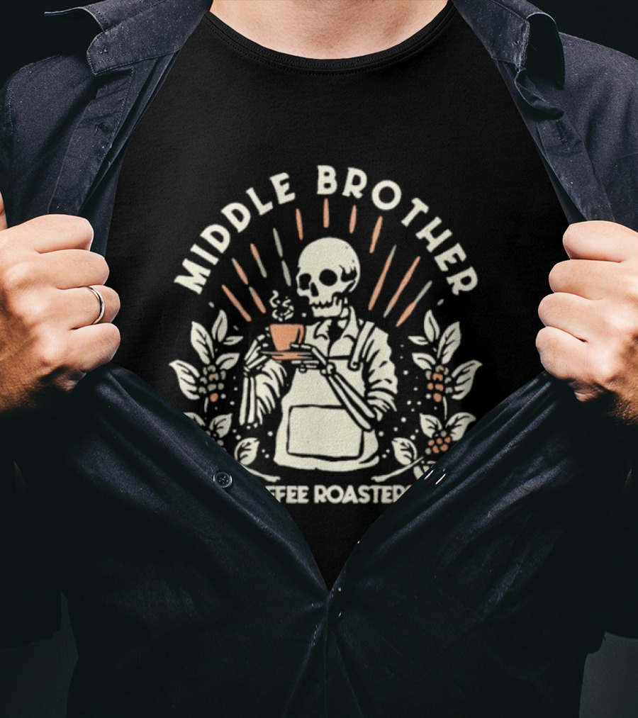 Middle Brother Coffee Roasters Skeleton Barista Holding Coffee Cup T-Shirt