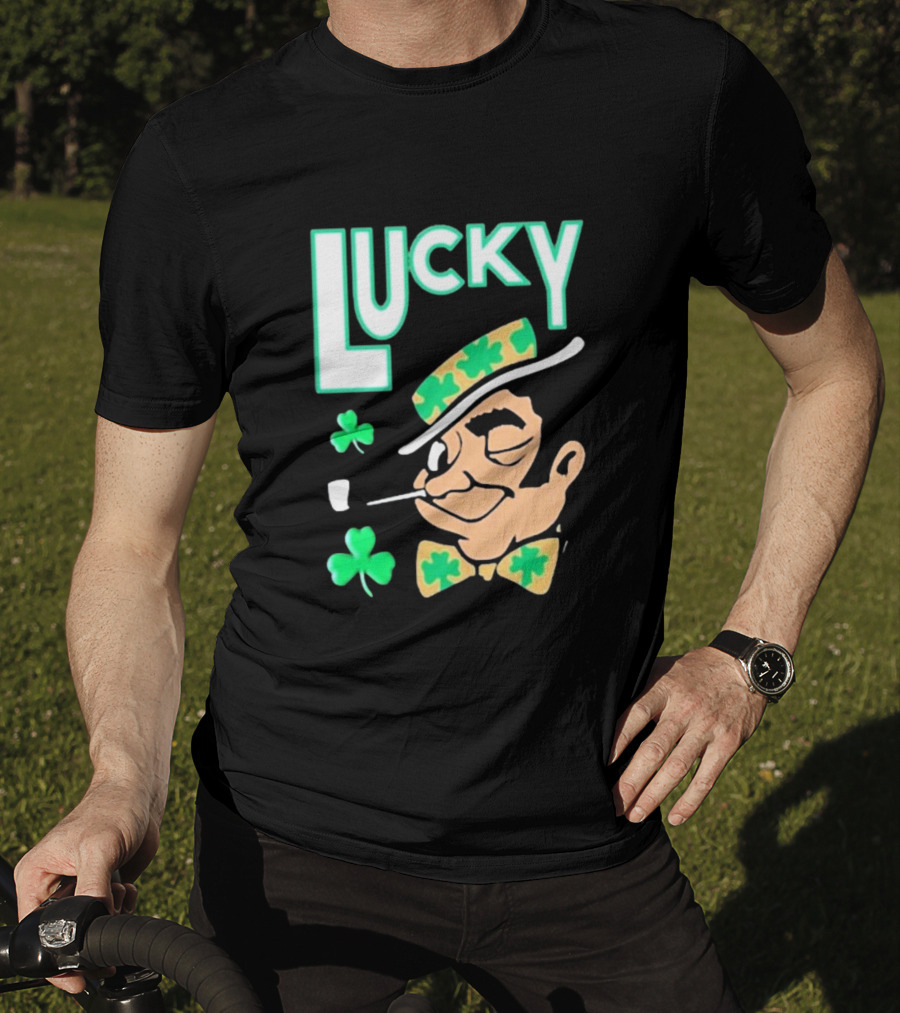 Boston Celtics Lucky The Leprechaun Shamrock Winking Pipe T-Shirt