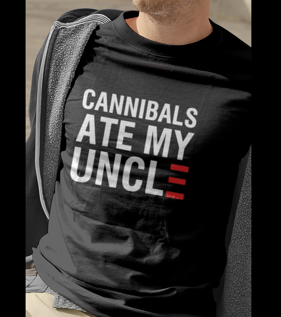 Cannibals Ate My Uncle White Text Red Stripes T-Shirt
