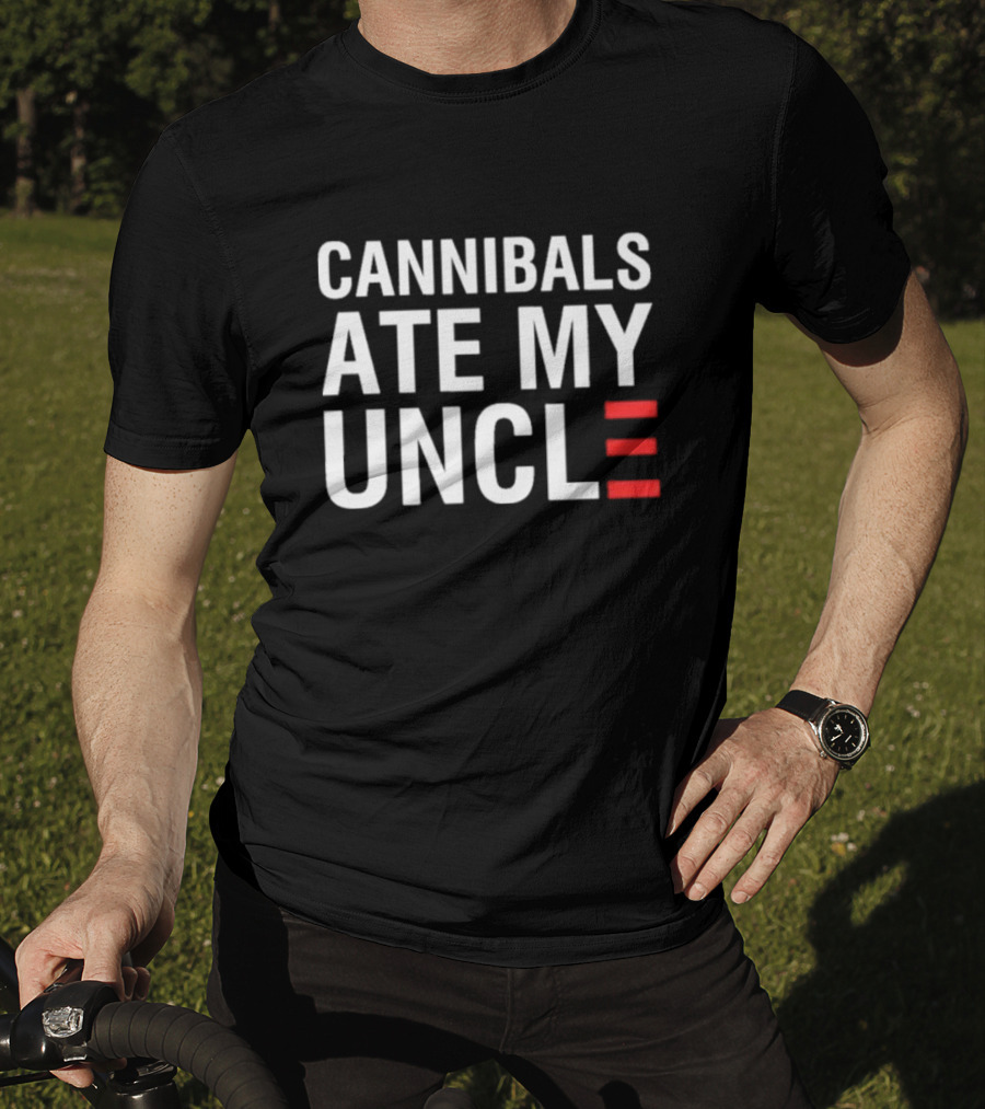 Cannibals Ate My Uncle White Text Red Stripes T-Shirt
