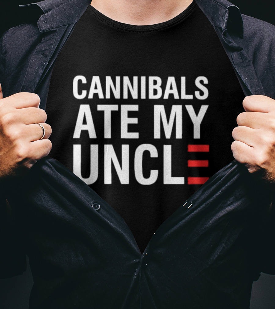 Cannibals Ate My Uncle White Text Red Stripes T-Shirt