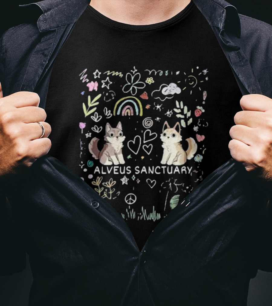 Alveus Sanctuary Wolf Doodle Rainbow Hearts Peace Signs Clouds Stars T-Shirt