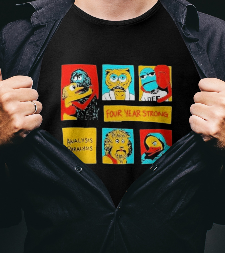 Four Year Strong Analysis Paralysis Characters In Colorful Panels T-Shirt