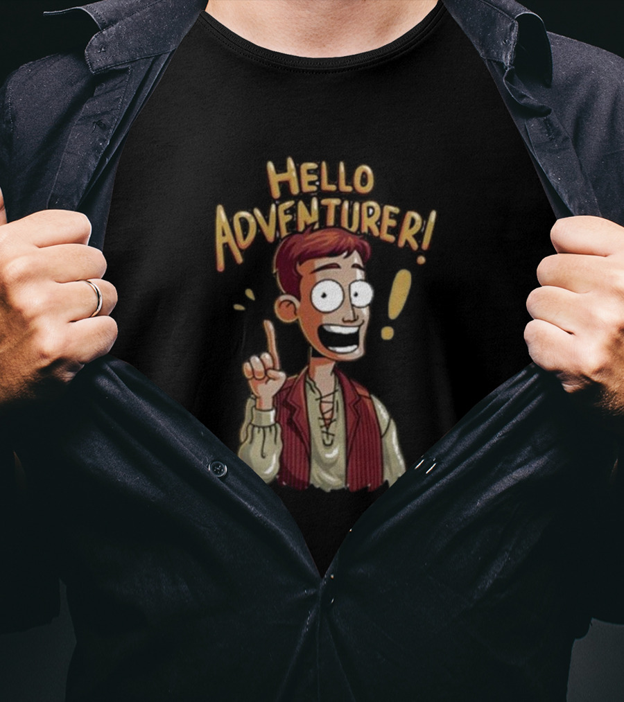 Hello Adventurer Enthusiastic Cartoon Character With Exclamation Point T-Shirt