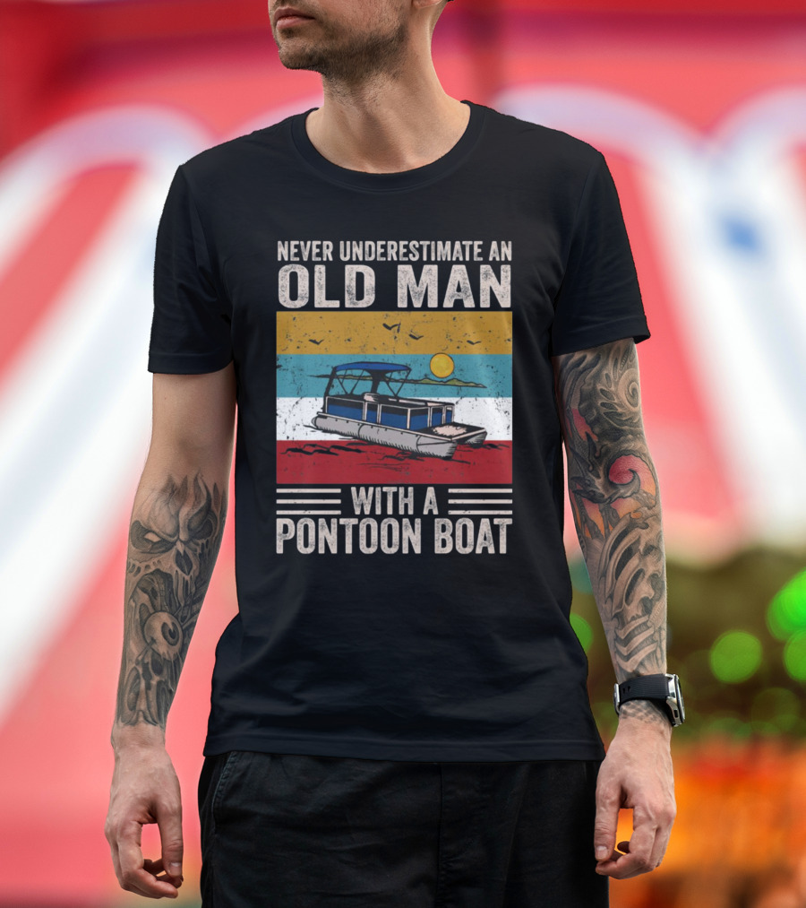 Old Man Pontoon Boat Adventure Sunset Scene T-Shirt