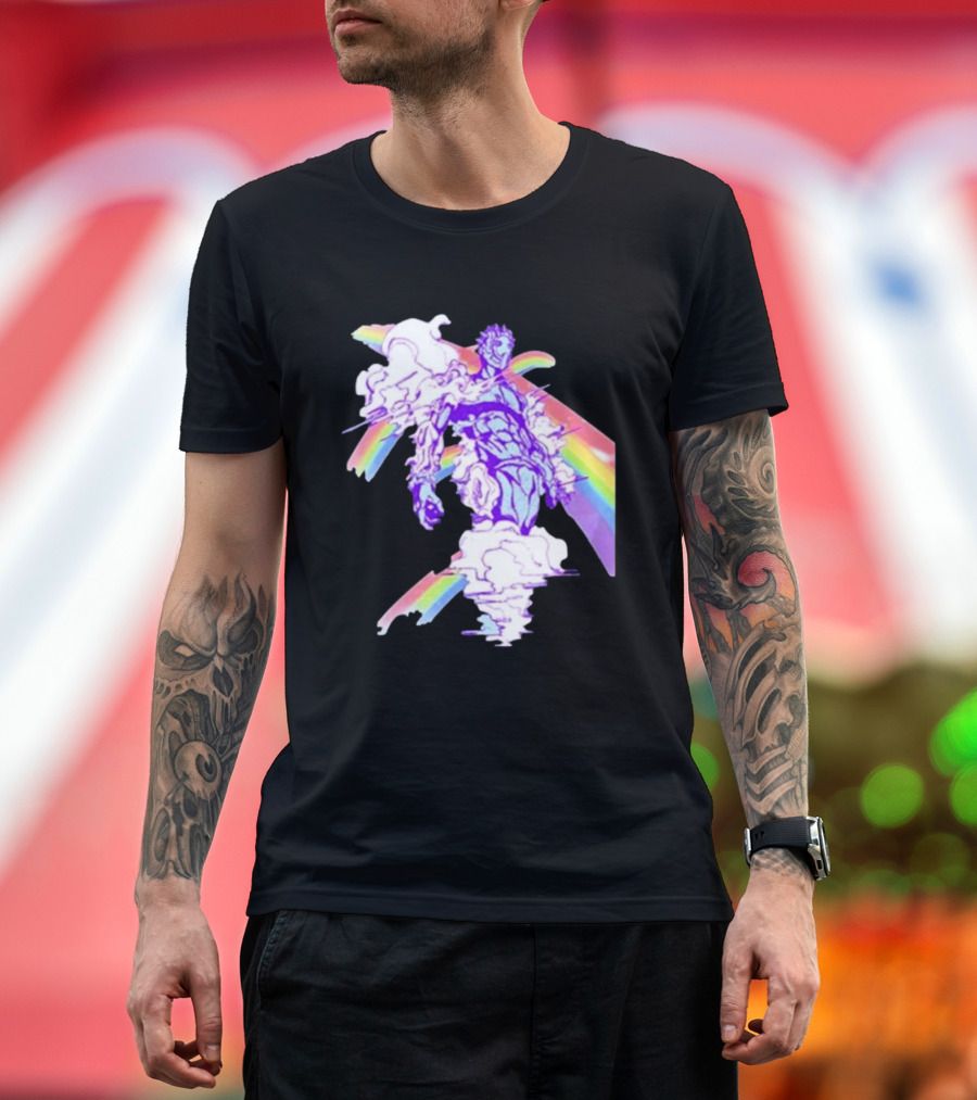 Hoshipieces Weather 9oz Manga Style Purple Cloud Man with Rainbow Elements T-Shirt