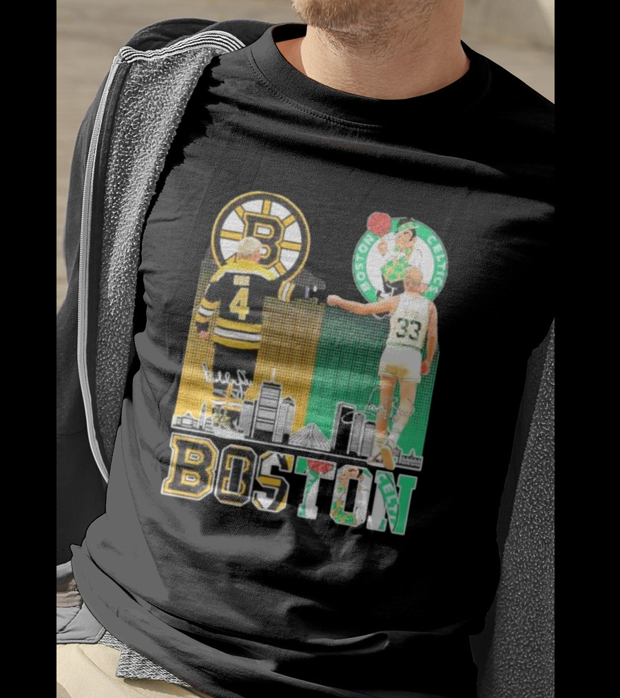 Bobby Orr Boston Bruins Larry Bird Boston Celtics Skyline Signatures Logos And Boston Text T-Shirt