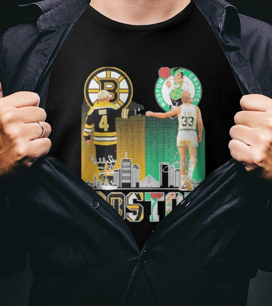 Bobby Orr Boston Bruins Larry Bird Boston Celtics Skyline Signatures Logos And Boston Text T-Shirt
