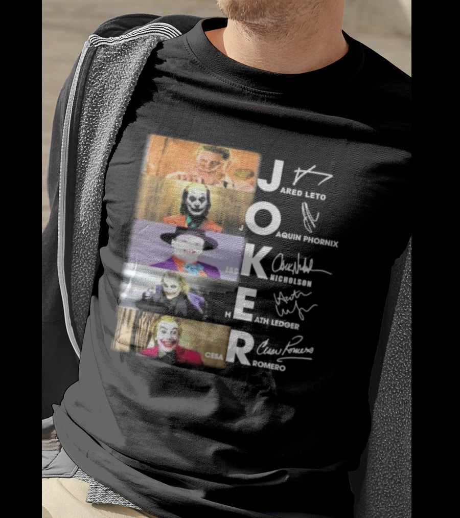 Joker Jared Leto Joaquin Phoenix Jack Nicholson Heath Ledger Cesar Romero Signatures DC Comics Movies All Stars Eras T-Shirt