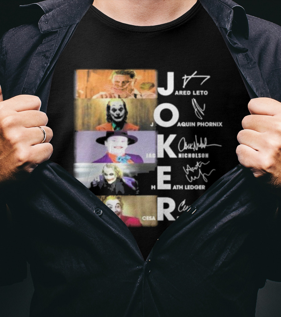 Joker Jared Leto Joaquin Phoenix Jack Nicholson Heath Ledger Cesar Romero Signatures DC Comics Movies All Stars Eras T-Shirt