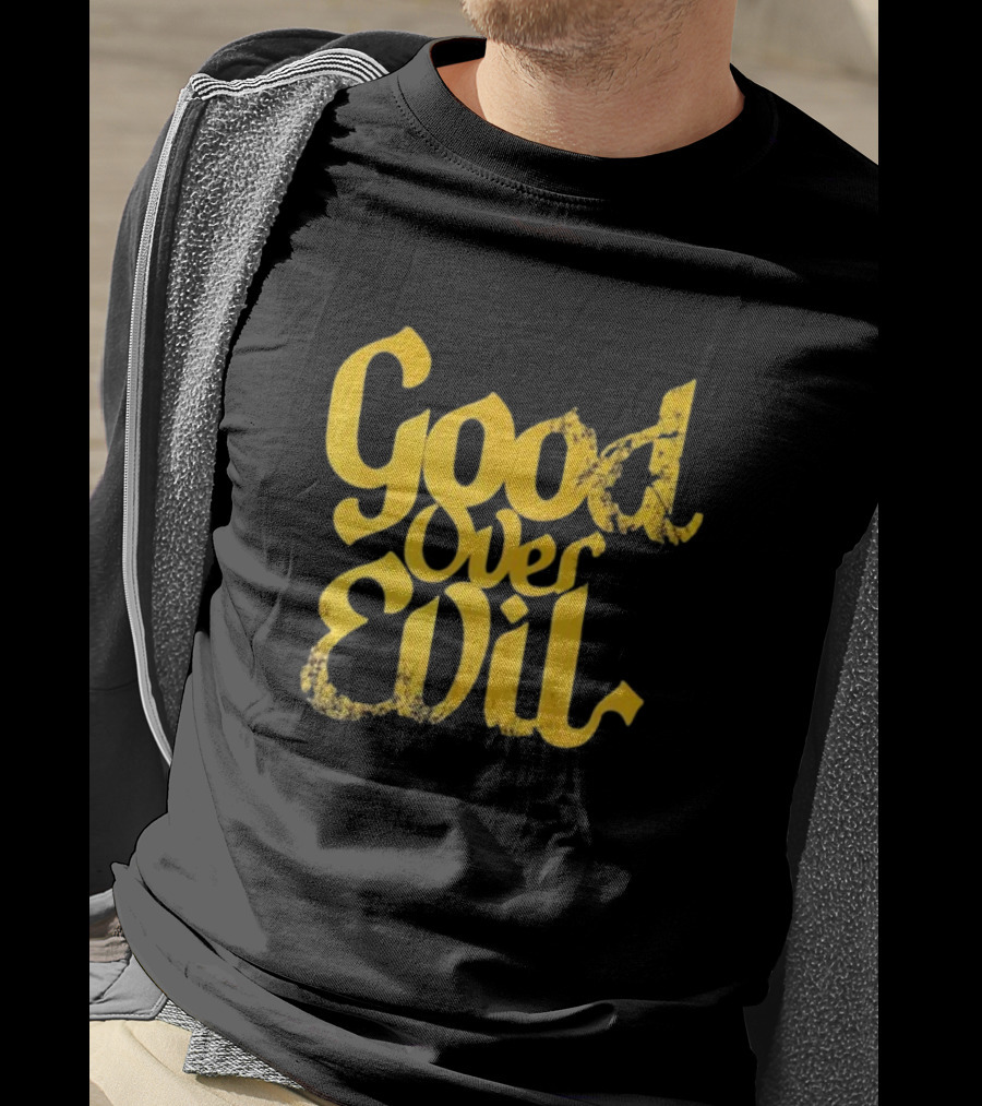 Good Over Evil Yellow Grunge Typography T-Shirt