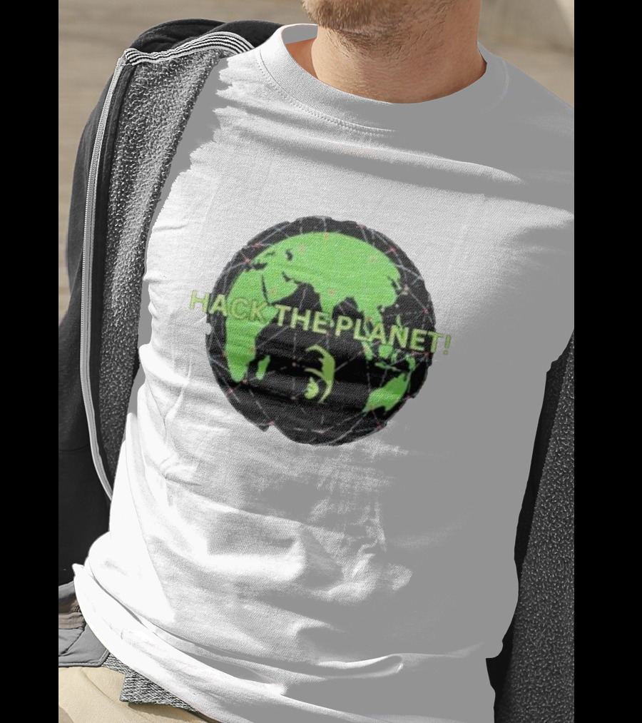 Hack The Planet Green And Black Globe Motif T-Shirt