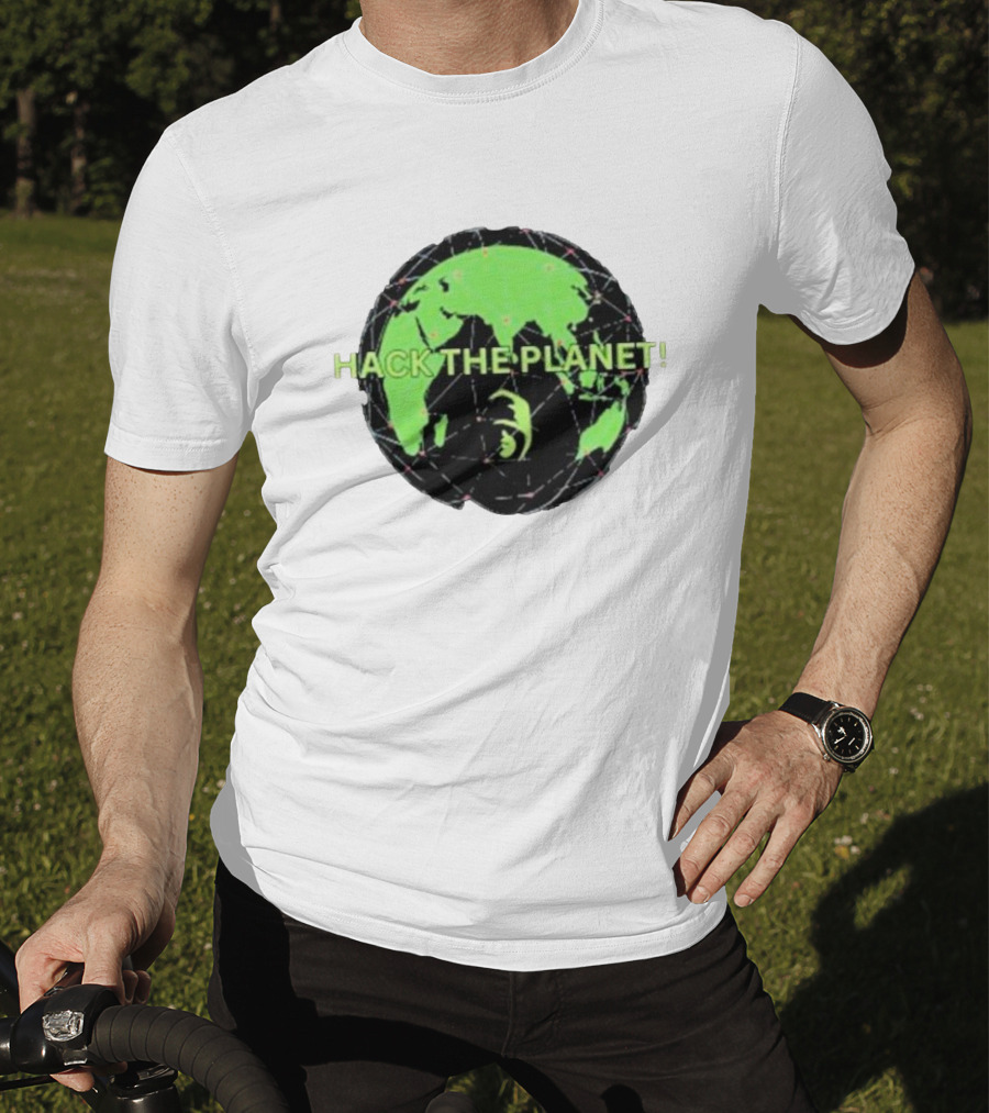 Hack The Planet Green And Black Globe Motif T-Shirt