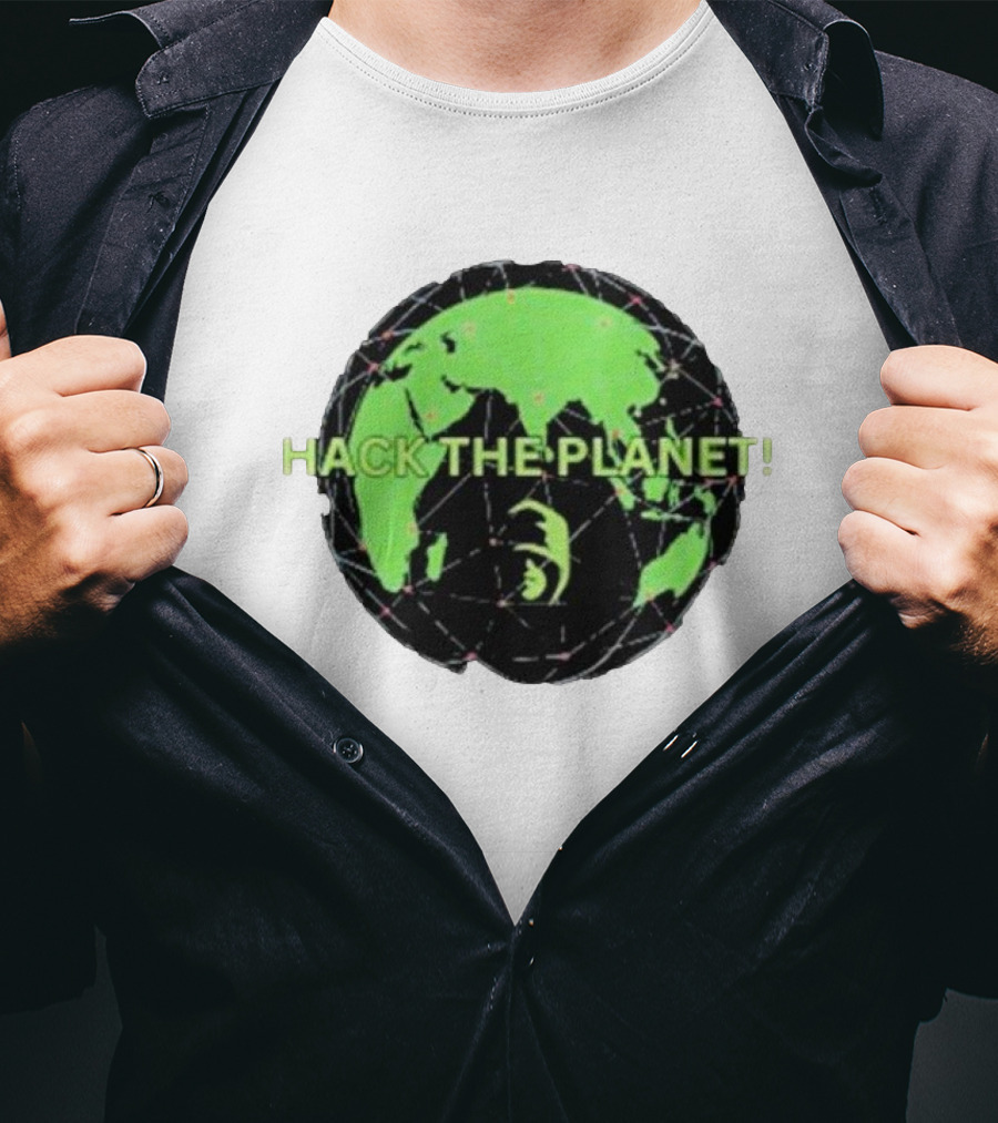 Hack The Planet Green And Black Globe Motif T-Shirt