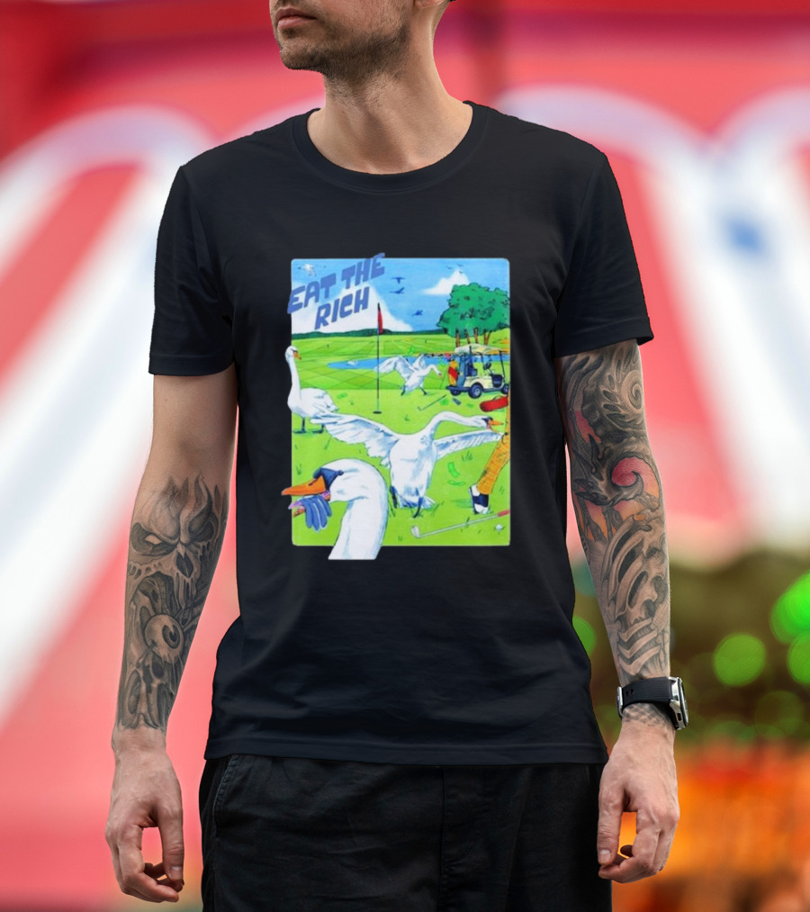 Eat The Rich Golf Swans in Vibrant Green Field T-Shirt