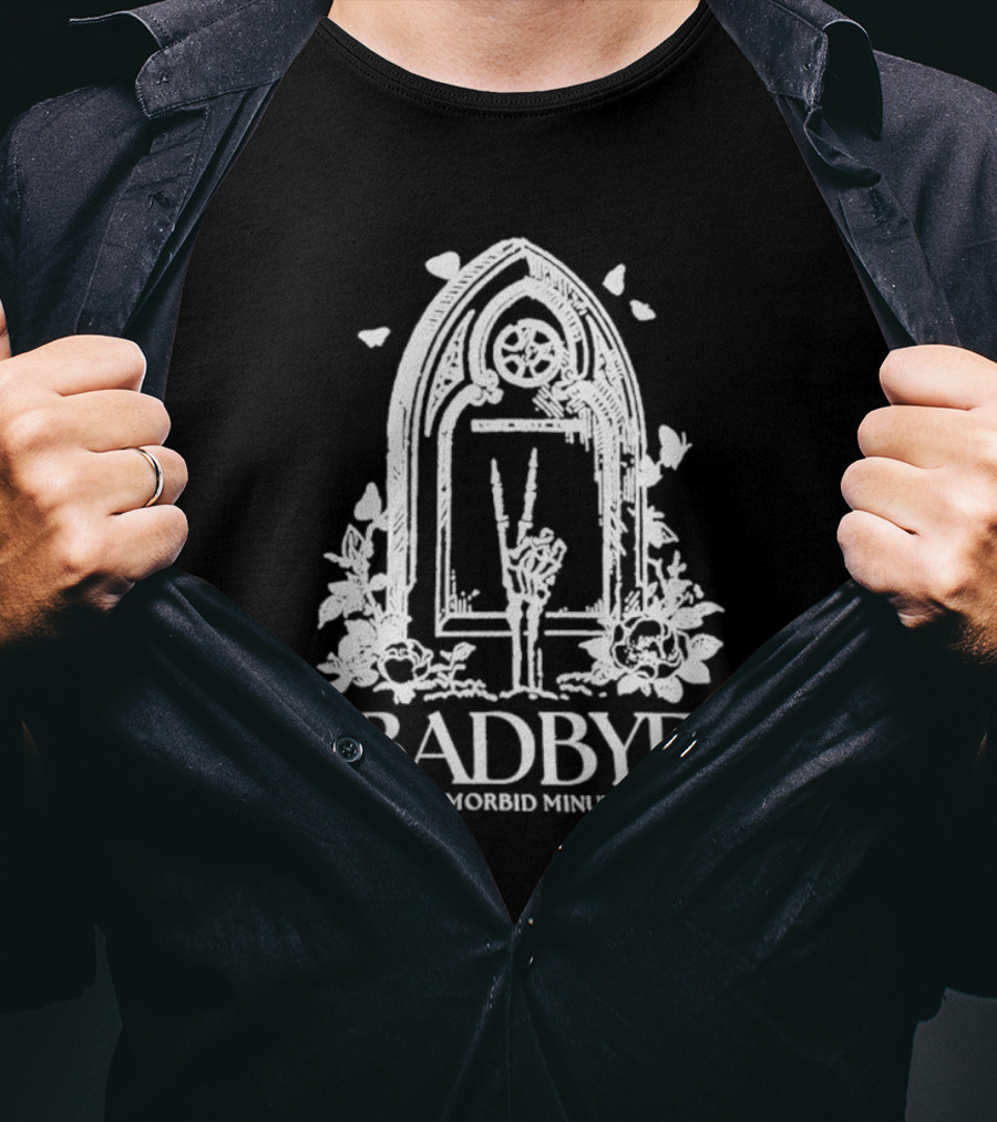 Badbye 30 Morbid Minutes Gothic Tombstone Hand Symbol With Roses And Butterflies T-Shirt