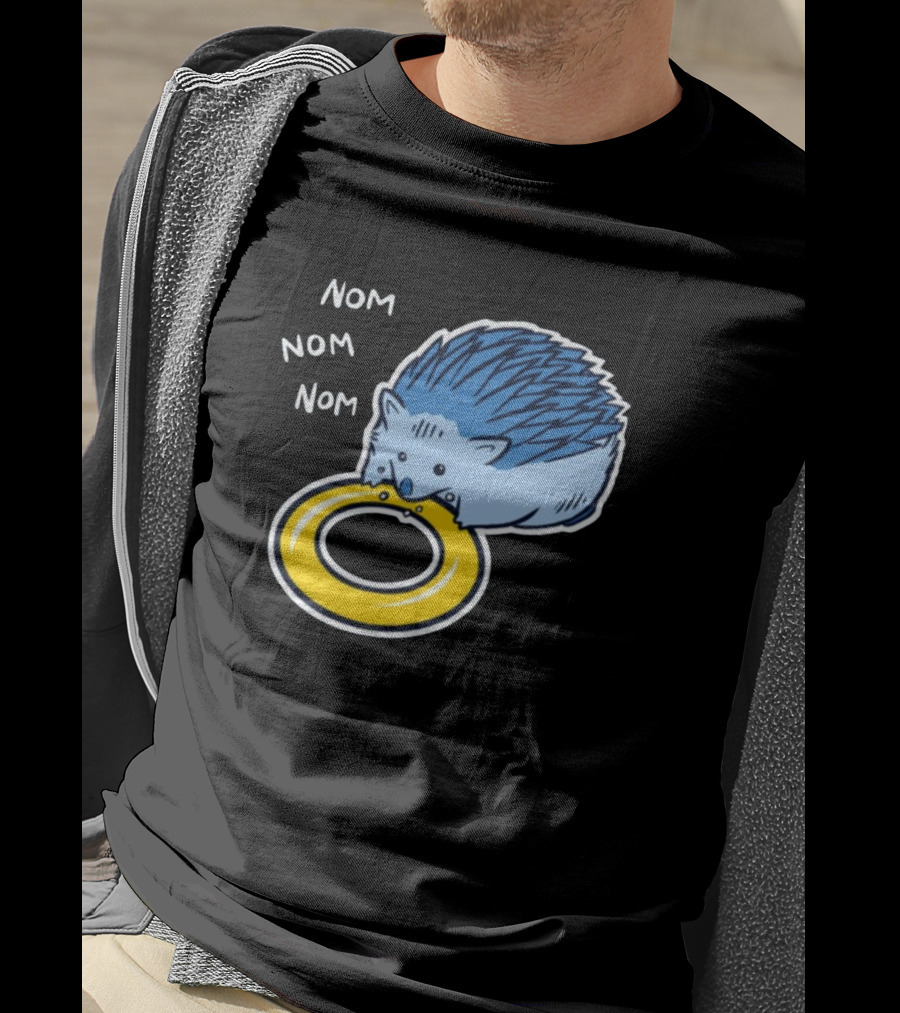 Sam Logan Hungry Blue Hedgehog Nom Nom Nom Eating Yellow Ring T-Shirt