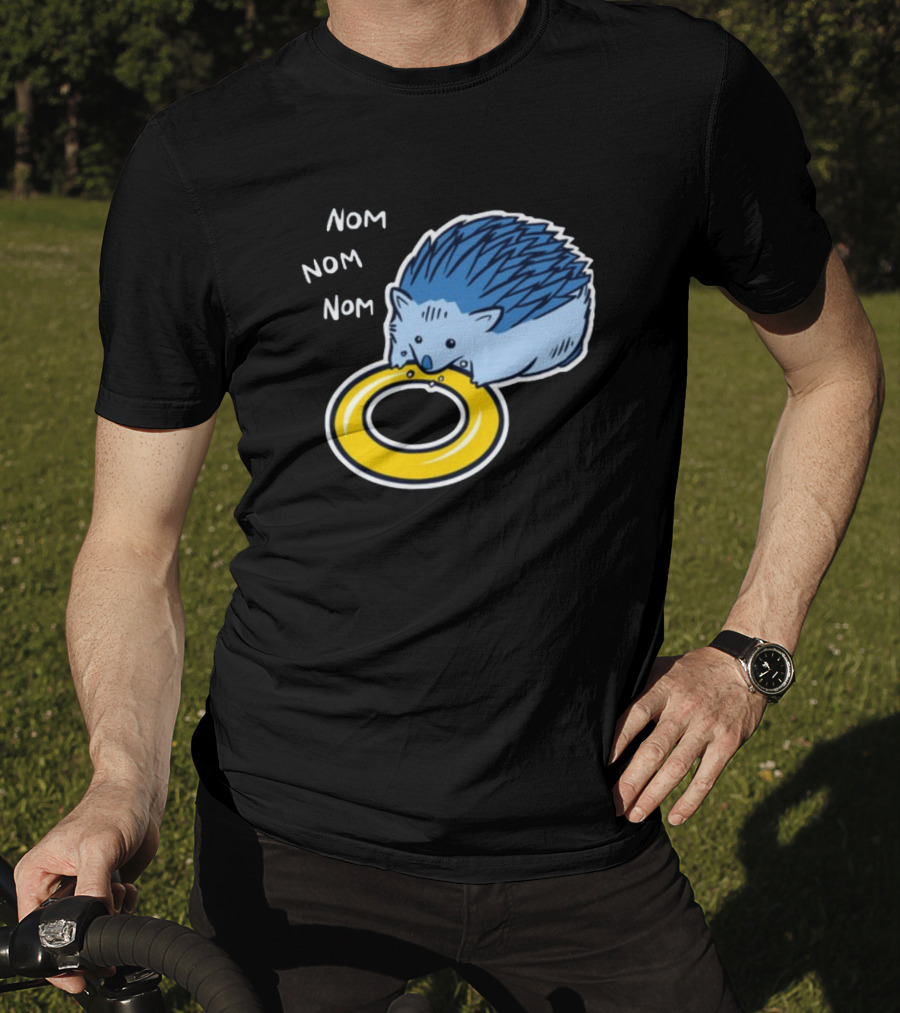 Sam Logan Hungry Blue Hedgehog Nom Nom Nom Eating Yellow Ring T-Shirt