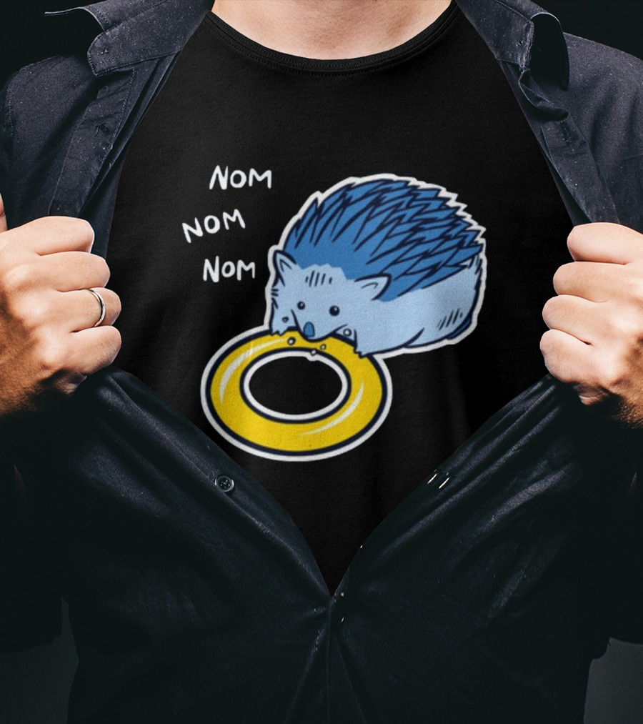 Sam Logan Hungry Blue Hedgehog Nom Nom Nom Eating Yellow Ring T-Shirt