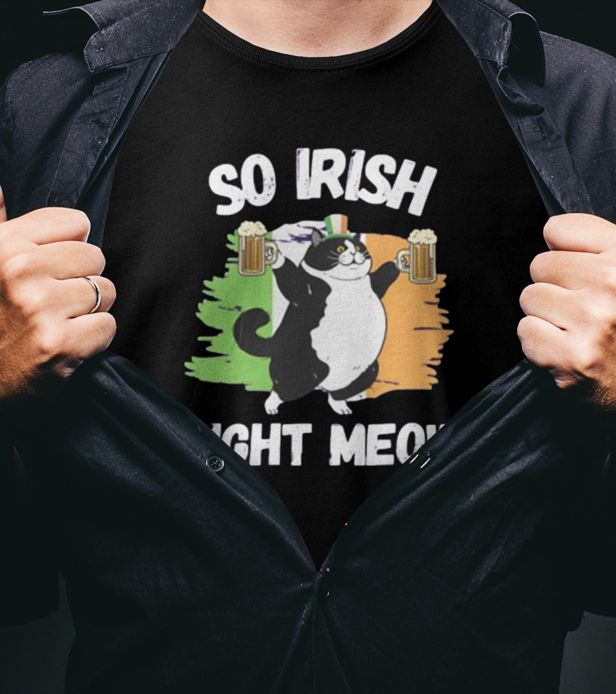 So Irish Right Meow Cat Holding Beer With Irish Flag In Background T-Shirt