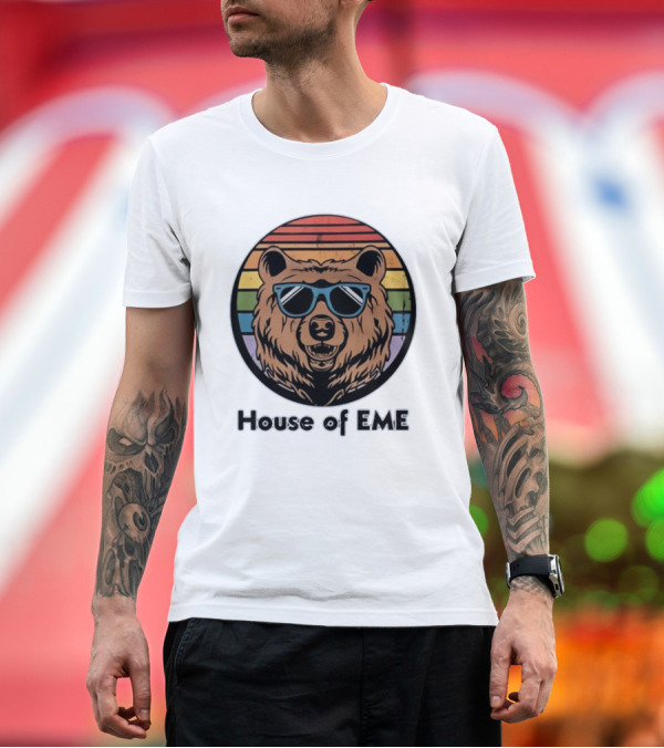 Premium T-Shirt: Migs Santillan House Of EME Bear Logo Sunglasses Rainbow Background T-Shirt Migs Santillan House Of EME Bear Logo Sunglasses Rainbow Background T-Shirt