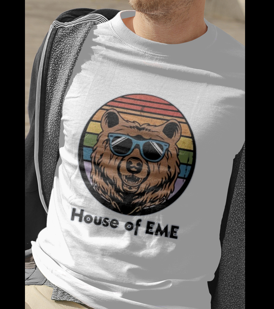 Migs Santillan House Of EME Bear Logo Sunglasses Rainbow Background T-Shirt