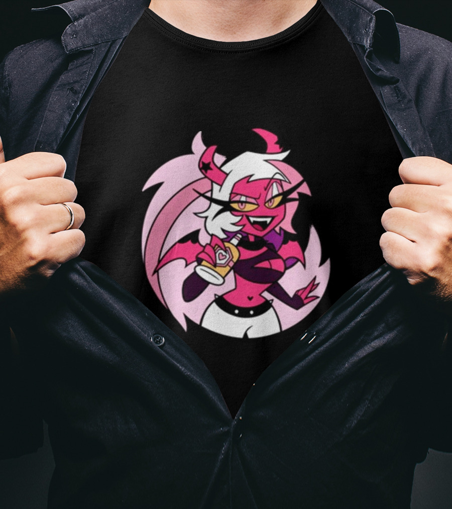 Party Verosika Enamel Pin Cartoon Demon Character With Drink T-Shirt