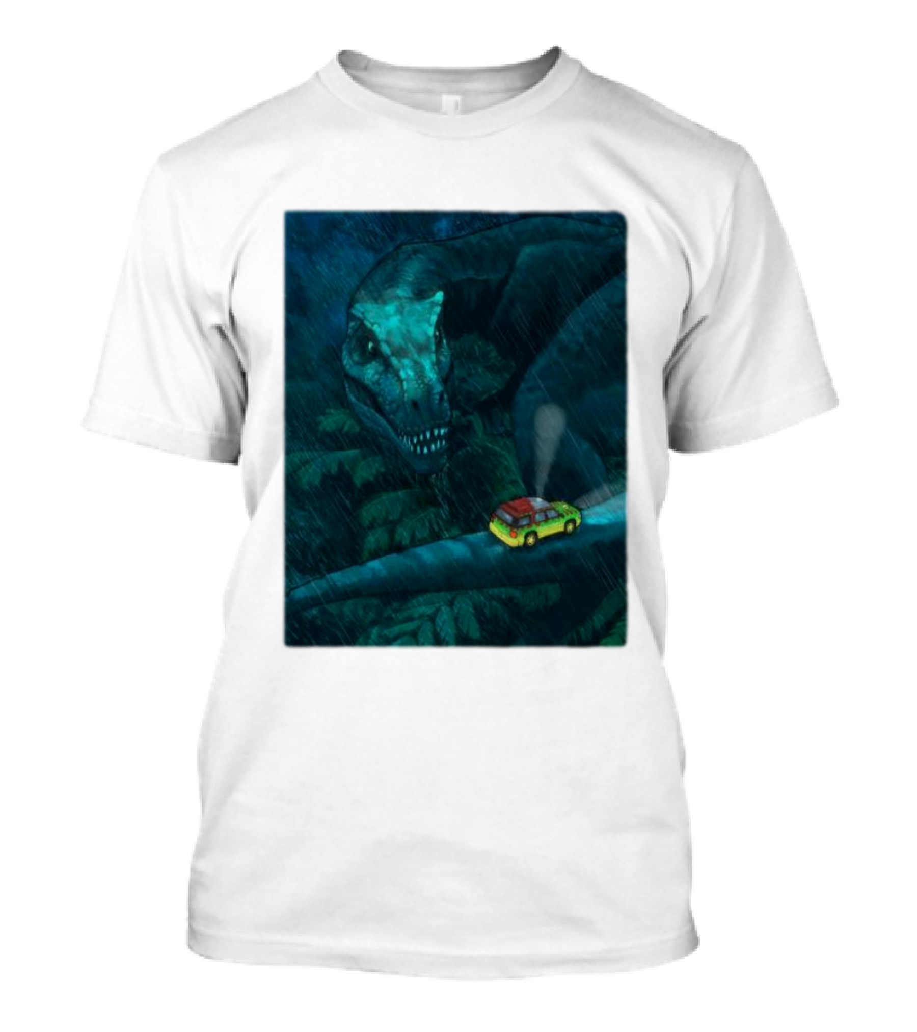 Jurassic Park T-Rex And SUV Night Scene Rainy Adventure T-Shirt