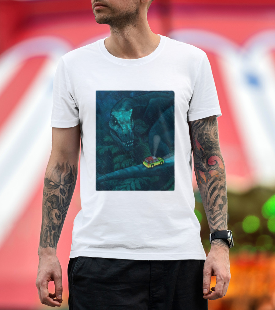 Jurassic Park T-Rex and SUV Night Scene Rainy Adventure T-Shirt