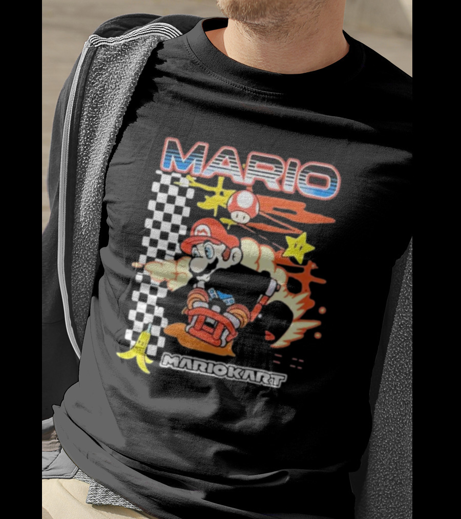 Mario Kart Racing Finish Line Checkered Flag Banana Stars T-Shirt