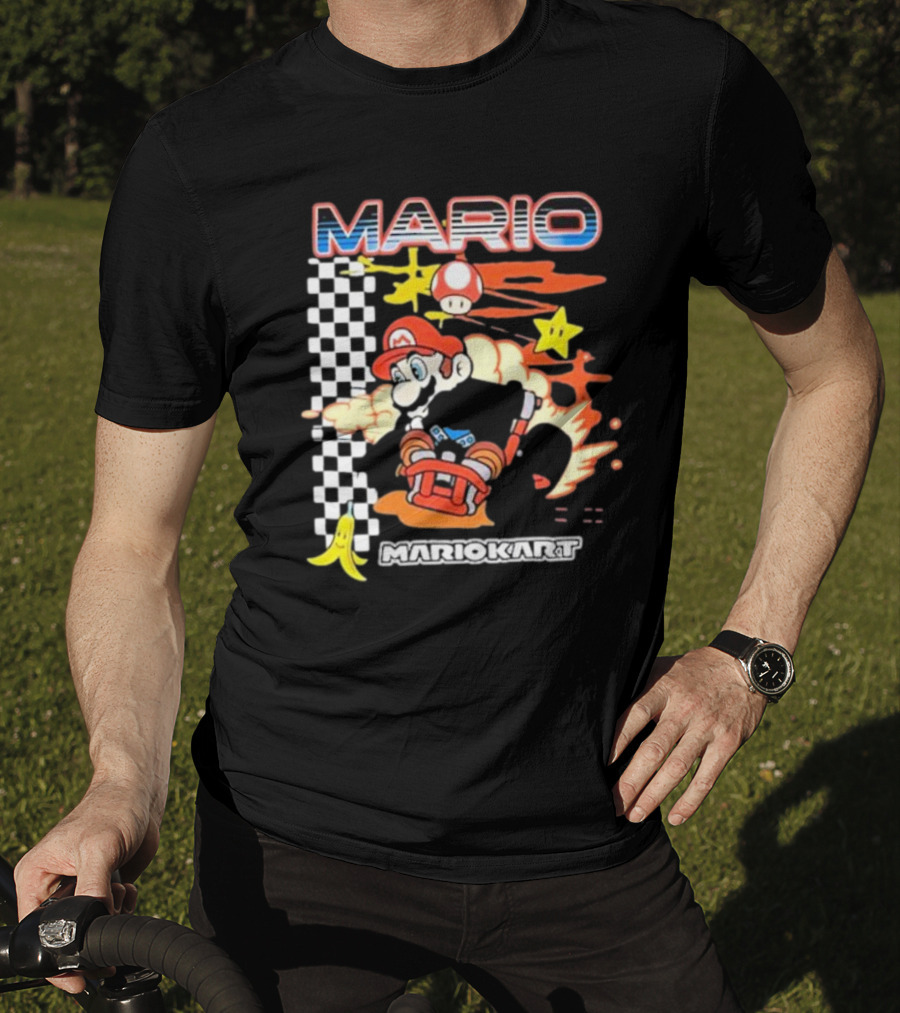 Mario Kart Racing Finish Line Checkered Flag Banana Stars T-Shirt