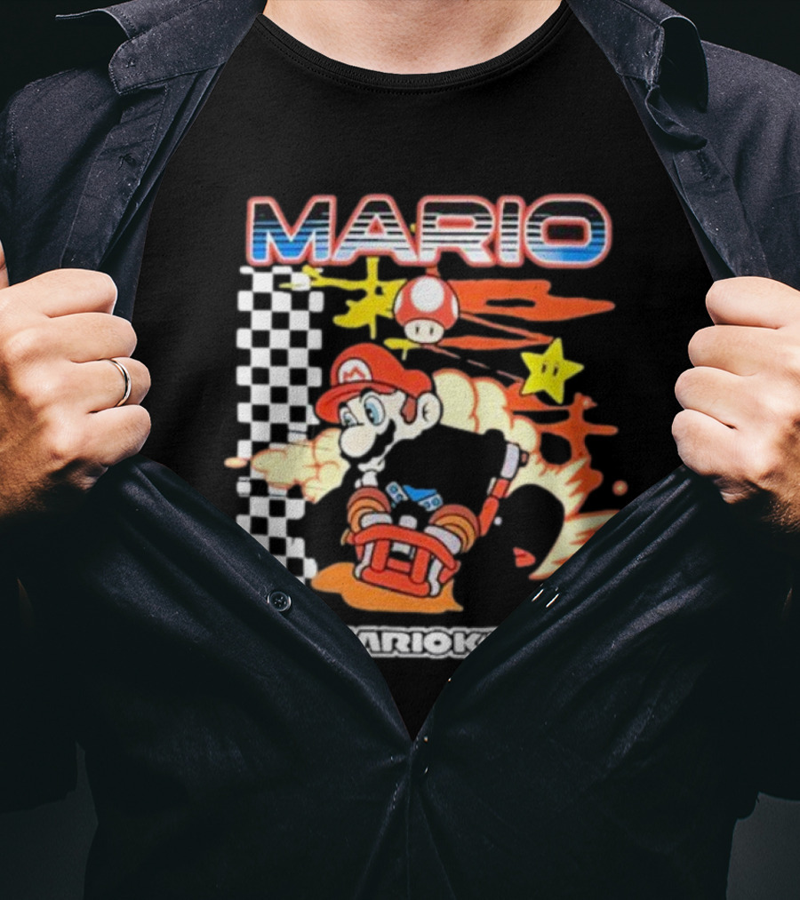 Mario Kart Racing Finish Line Checkered Flag Banana Stars T-Shirt