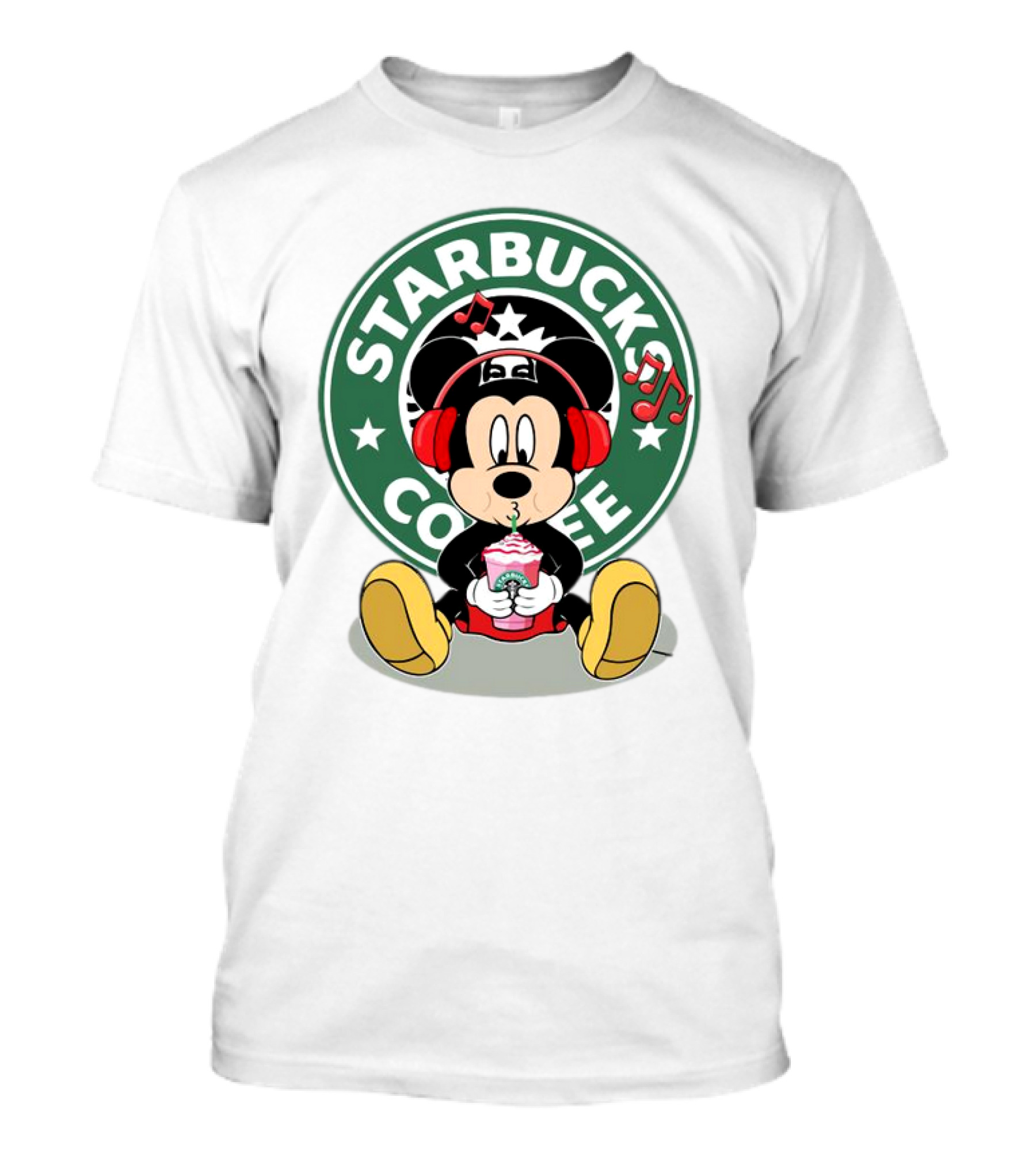 Mickey Mouse Listening To Music With Starbucks Coffee Cup T-Shirt
