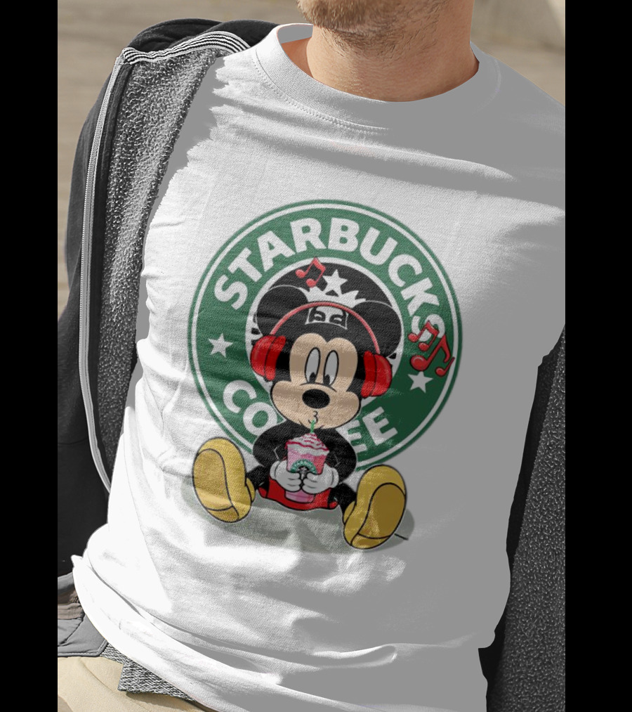 Mickey Mouse Listening To Music With Starbucks Coffee Cup T-Shirt