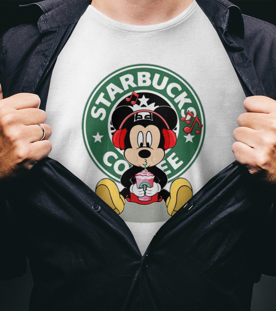 Mickey Mouse Listening To Music With Starbucks Coffee Cup T-Shirt